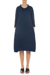 Sleeved Cowl Neck Navy Crinkled Silk Linen Dress 1