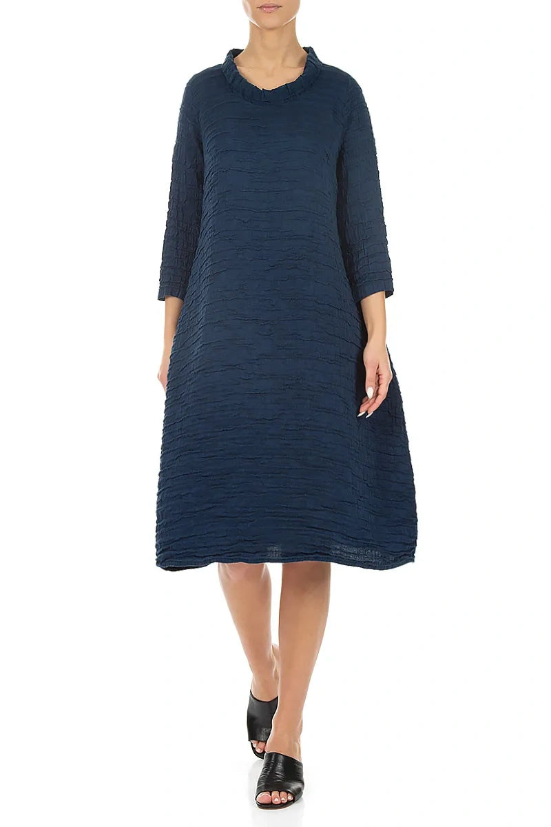 Sleeved Cowl Neck Navy Crinkled Silk Linen Dress 4