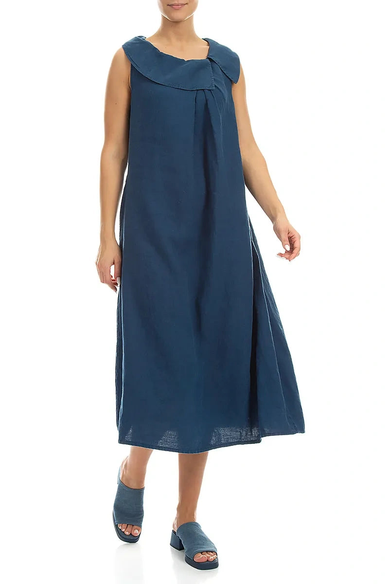Sleeveless A-line Navy Linen Dress 3