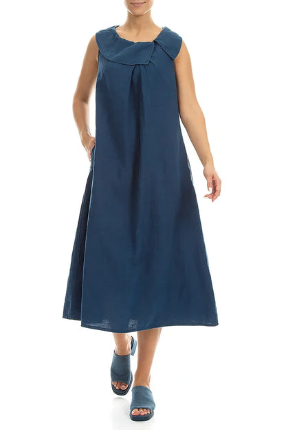 Sleeveless A-line Navy Linen Dress 4