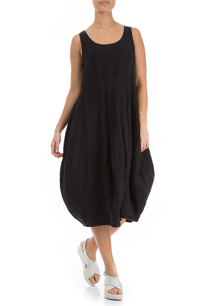 Sleeveless Balloon Black Linen Dress