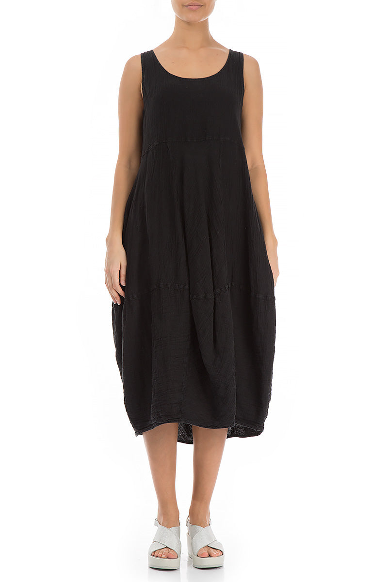 Sleeveless Balloon Black Linen Dress