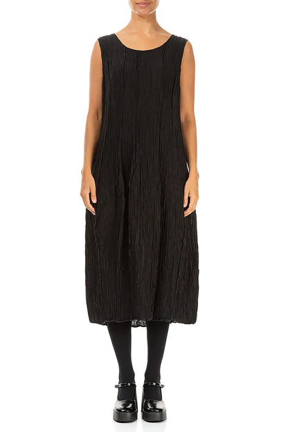 Sleeveless Balloon Crinkled Black Silk Dress 1