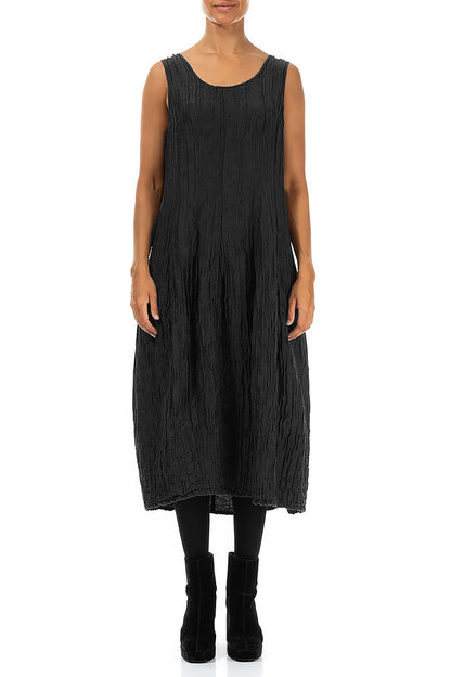 Sleeveless Balloon Crinkled Black Silk Linen Dress 1