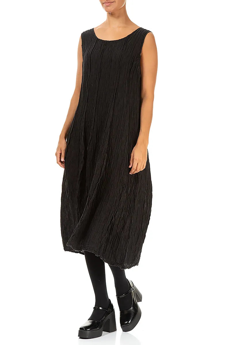 Sleeveless Balloon Crinkled Black Silk Dress 3