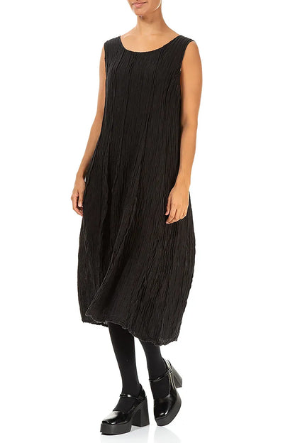 Sleeveless Balloon Crinkled Black Silk Dress 3