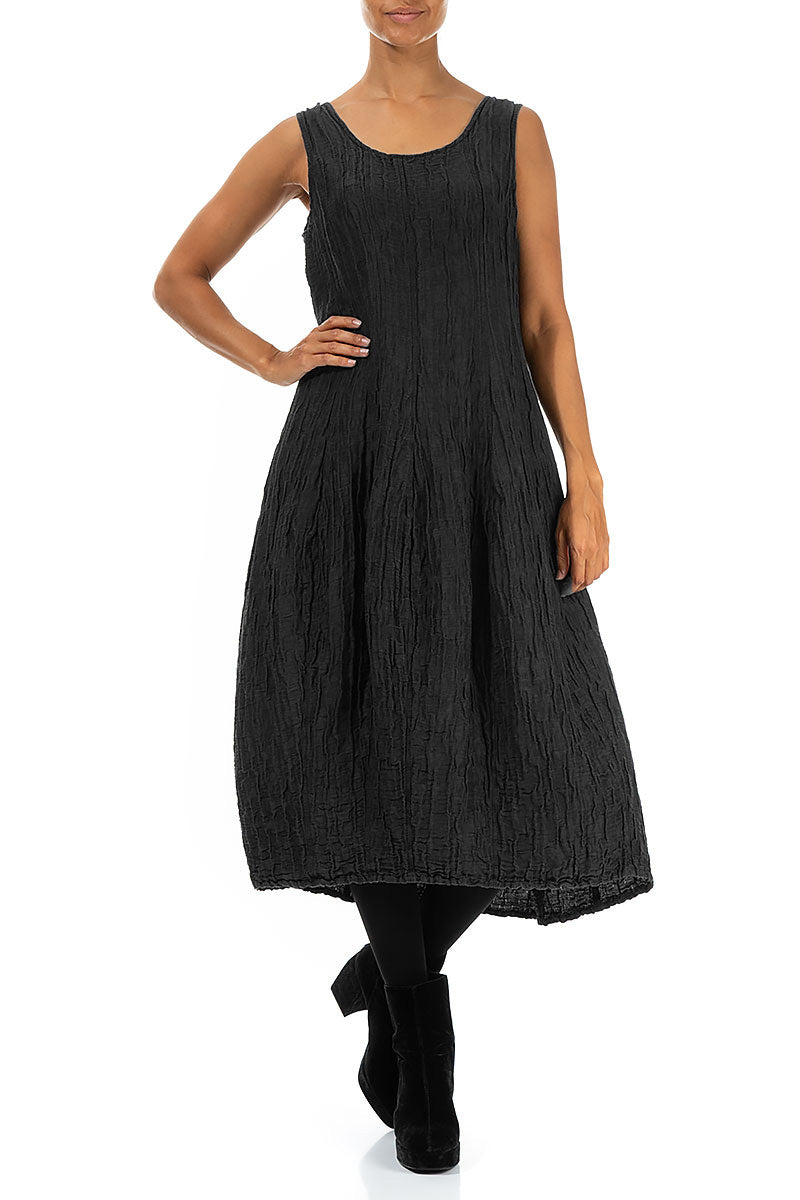 Sleeveless Balloon Crinkled Black Silk Dress