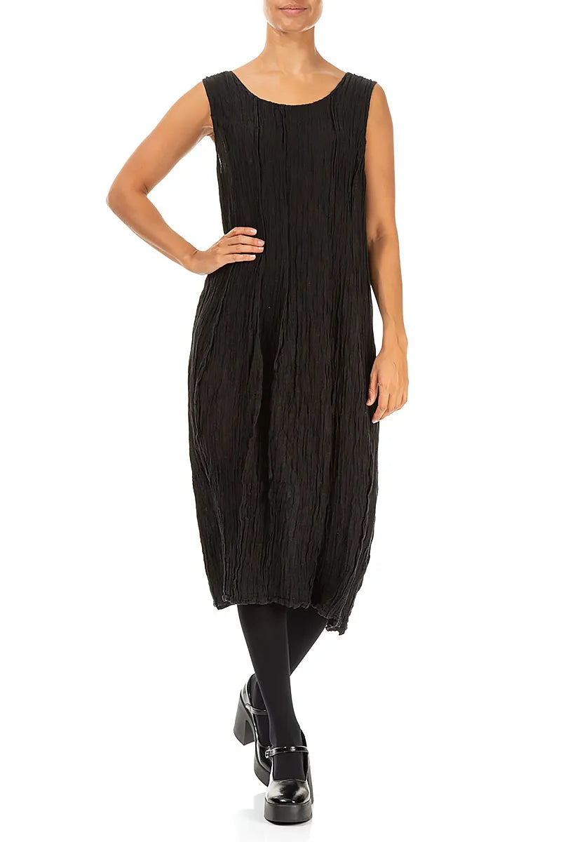 Sleeveless Balloon Crinkled Black Silk Dress 4