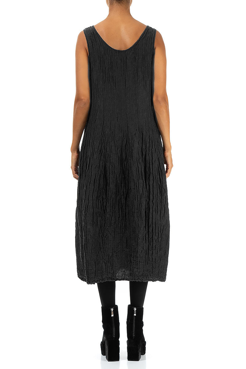Sleeveless Balloon Crinkled Black Silk Linen Dress 2