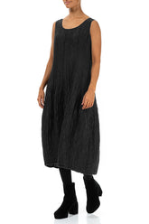 Sleeveless Balloon Crinkled Black Silk Linen Dress 3