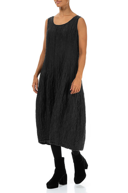 Sleeveless Balloon Crinkled Black Silk Linen Dress 3