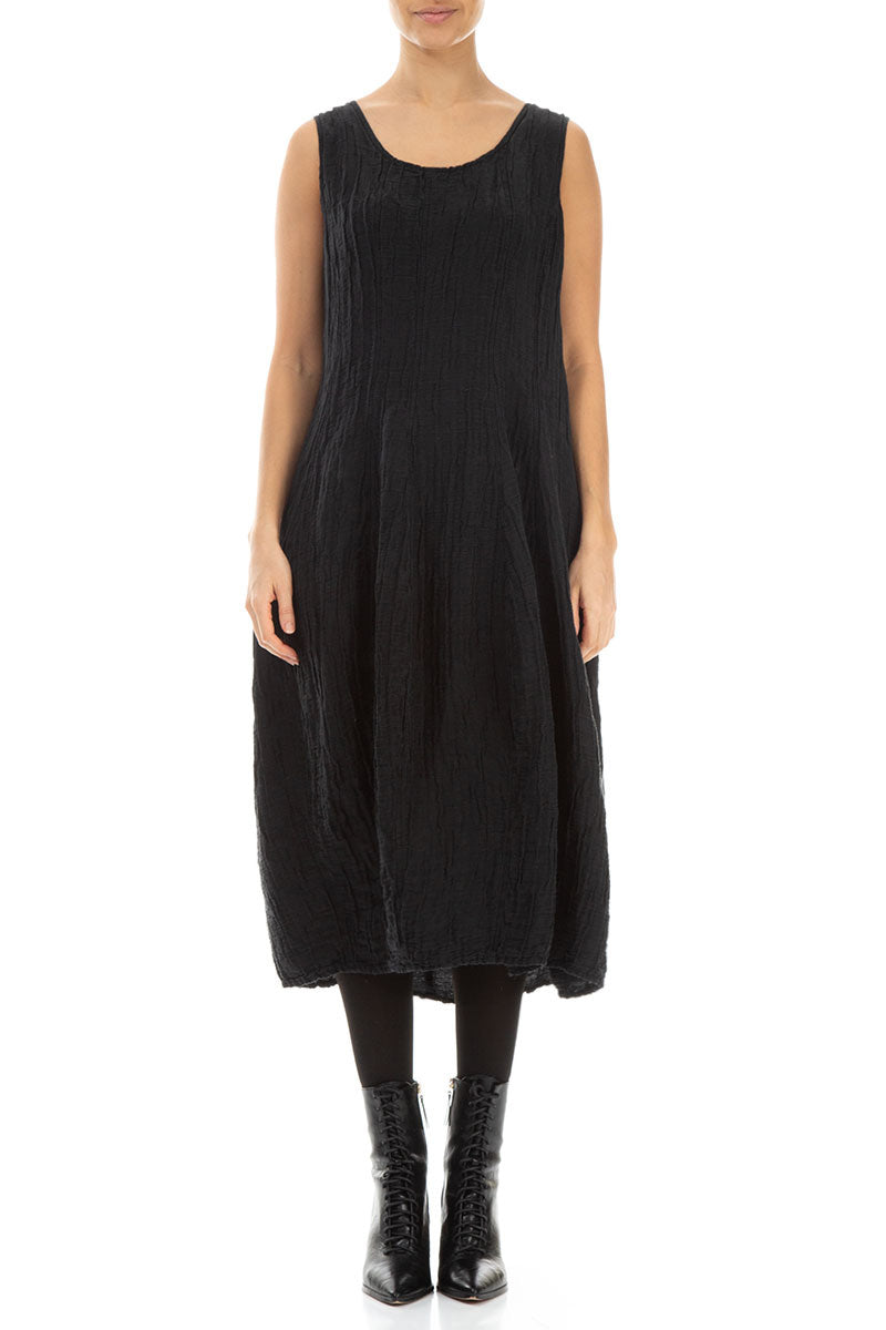 Sleeveless Balloon Crinkled Black Silk Linen Dress 1