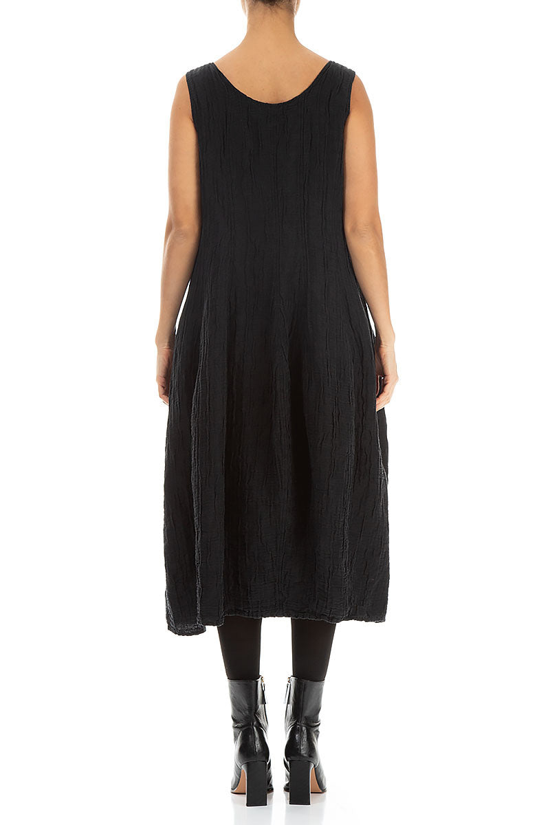 Sleeveless Balloon Crinkled Black Silk Linen Dress 2