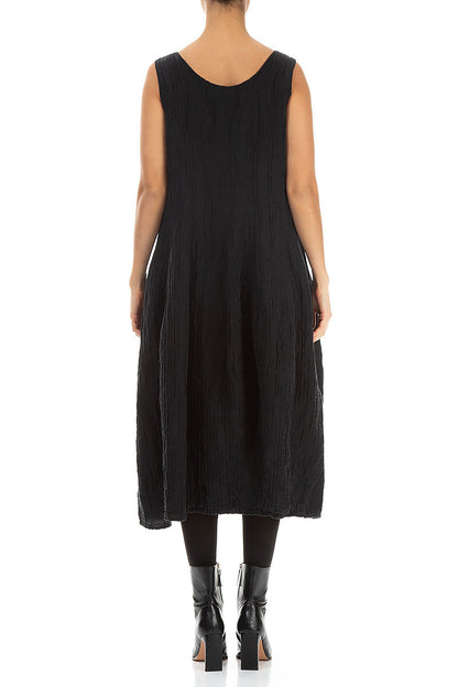 Sleeveless Balloon Crinkled Black Silk Linen Dress 2