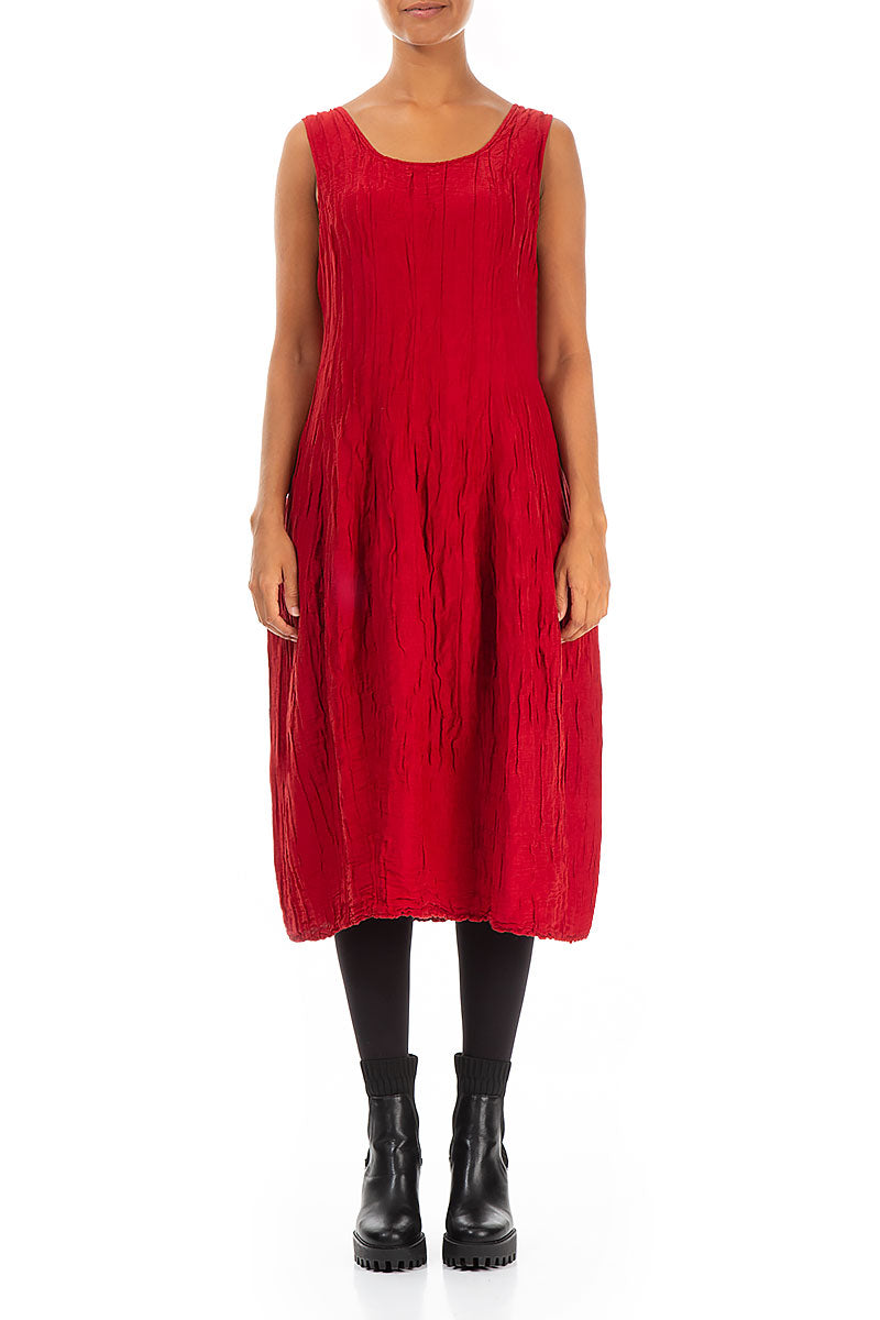 Sleeveless Balloon Crinkled Cherry Red Silk Linen Dress 1