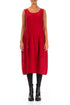 Sleeveless Balloon Crinkled Cherry Red Silk Linen Dress 1