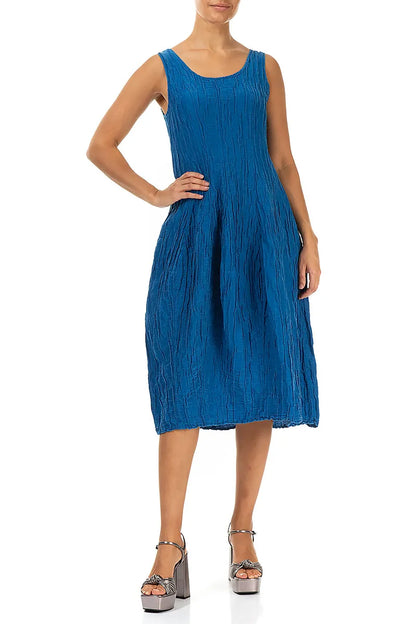 Sleeveless Balloon Crinkled Cobalt Blue Silk Linen Dress 4