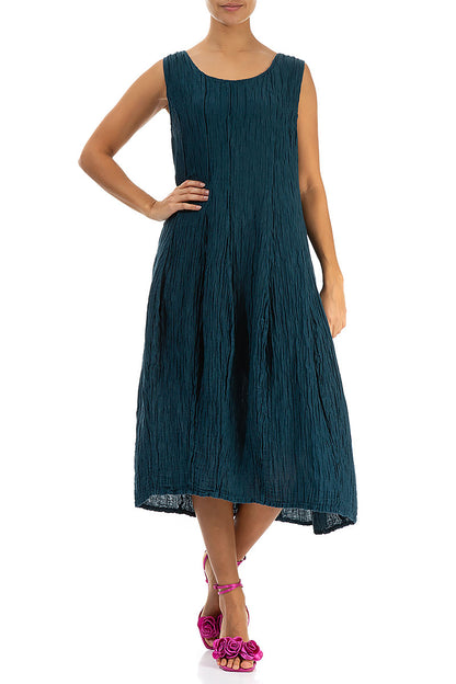 Sleeveless Balloon Crinkled Dark Teal Silk Dress