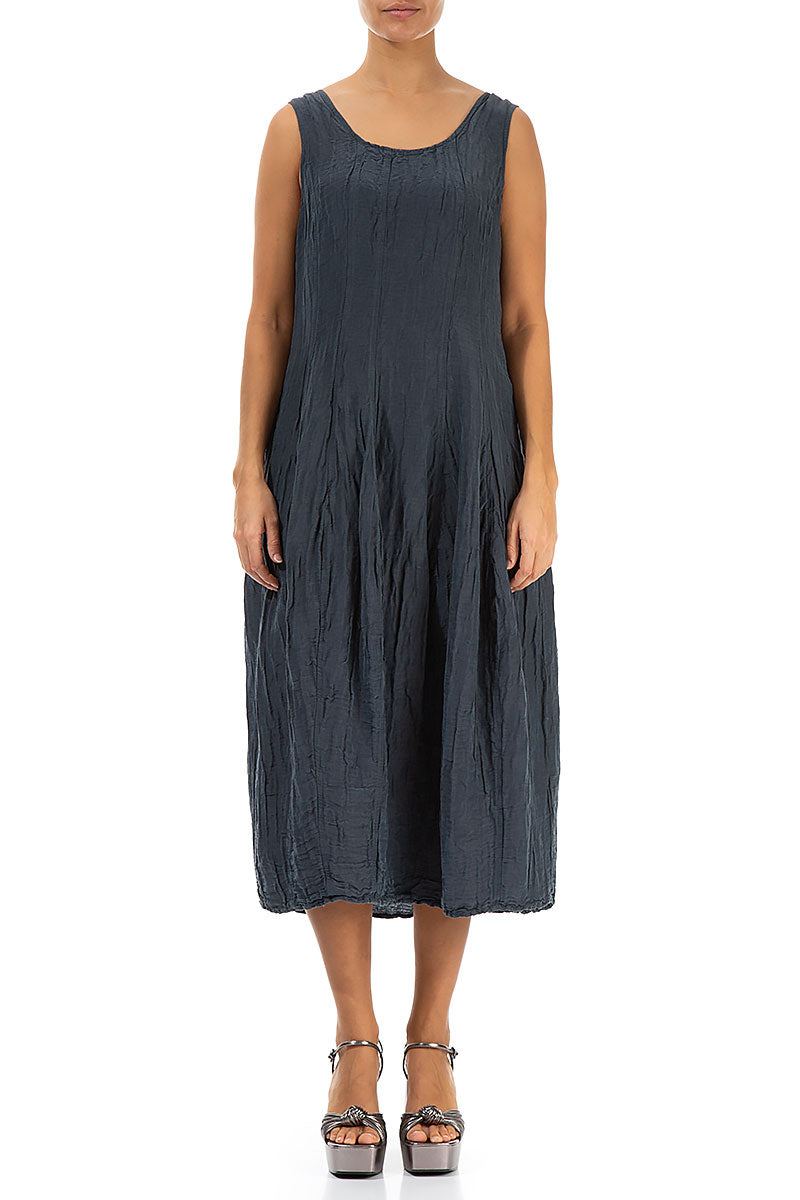 Sleeveless Balloon Crinkled Graphite Silk Linen Dress 1