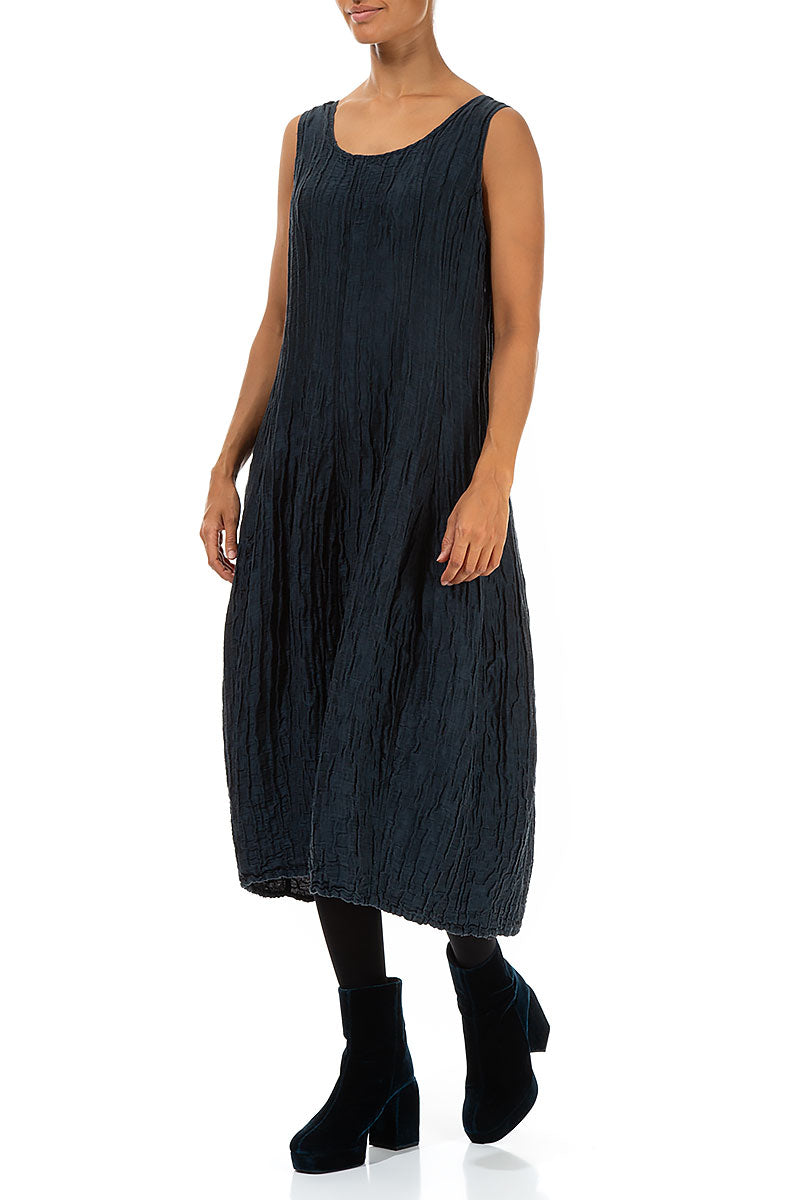 Sleeveless Balloon Crinkled Midnight Blue Silk Dress