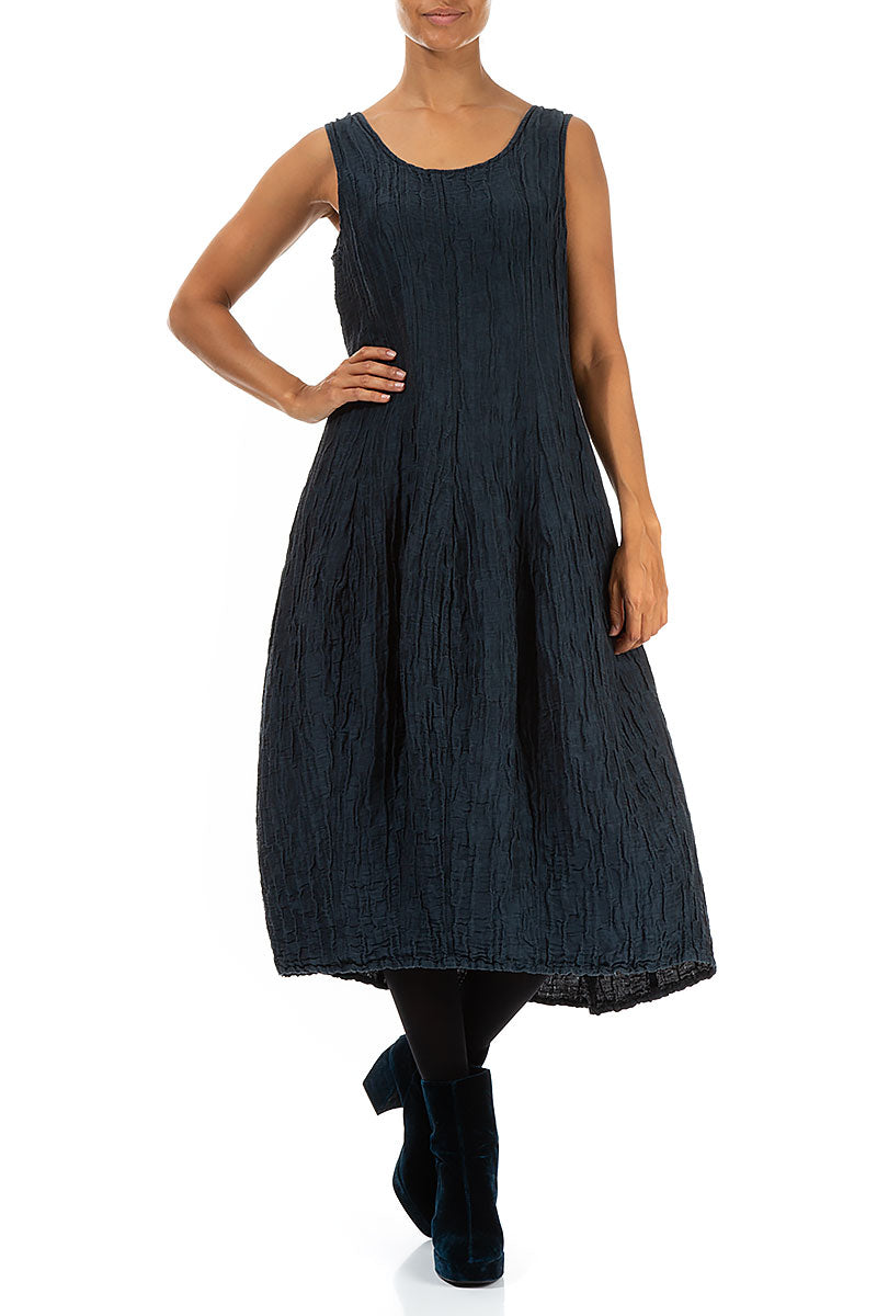 Sleeveless Balloon Crinkled Midnight Blue Silk Dress