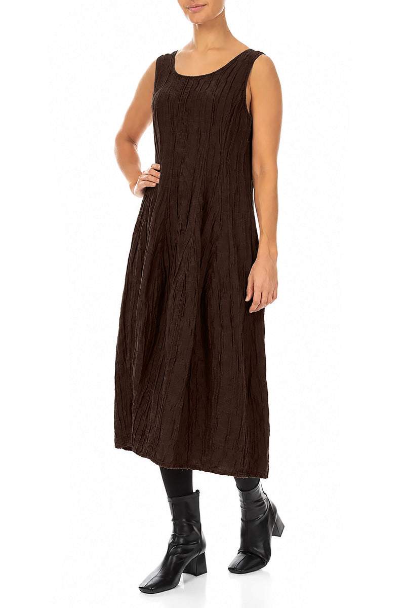 Sleeveless Balloon Crinkled Truffle Brown Silk Linen Dress 4