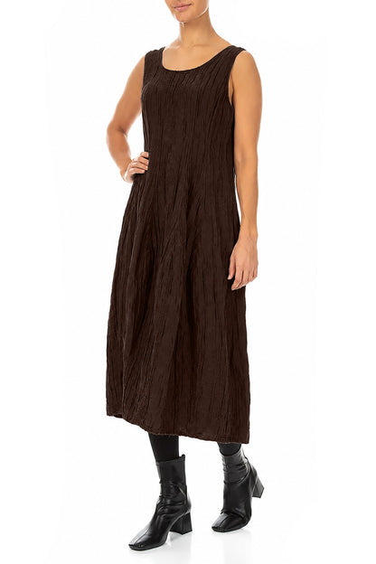 Sleeveless Balloon Crinkled Truffle Brown Silk Linen Dress 4