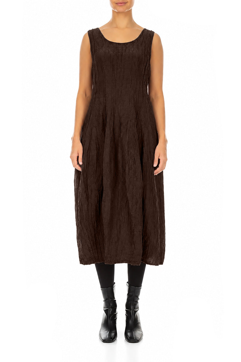 Sleeveless Balloon Crinkled Truffle Brown Silk Linen Dress 1