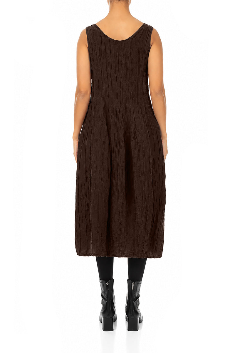 Sleeveless Balloon Crinkled Truffle Brown Silk Linen Dress 2