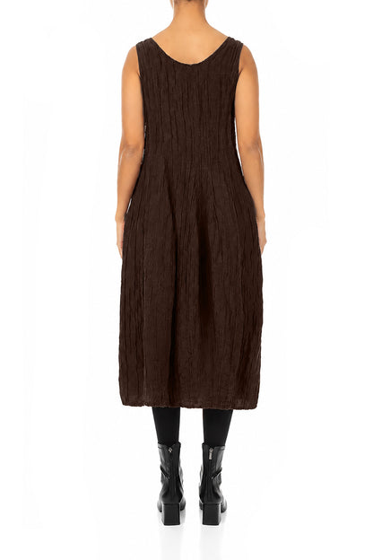 Sleeveless Balloon Crinkled Truffle Brown Silk Linen Dress 2