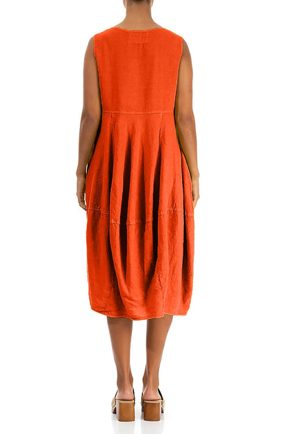 Sleeveless Balloon Flame Orange Linen Dress 2