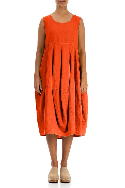 Sleeveless Balloon Flame Orange Linen Dress 1