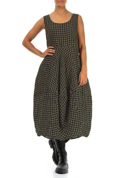 Sleeveless Balloon Forest Mist Check Linen Dress 3