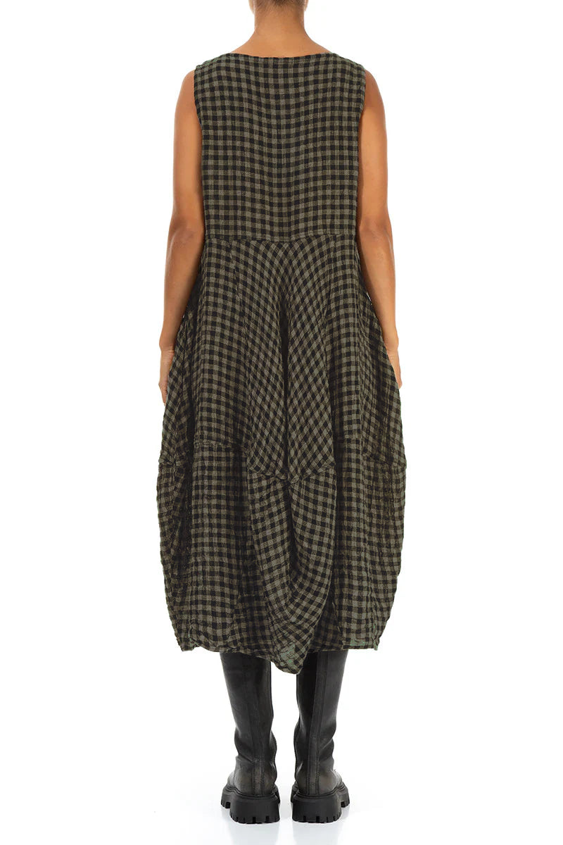Sleeveless Balloon Forest Mist Check Linen Dress 2
