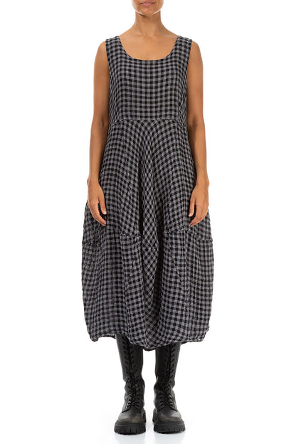 Sleeveless Balloon Grey Check Linen Dress