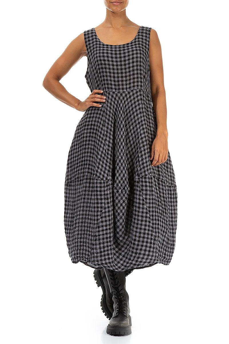 Sleeveless Balloon Grey Check Linen Dress