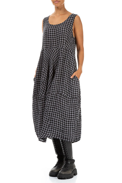 Sleeveless Balloon Grey Check Linen Dress