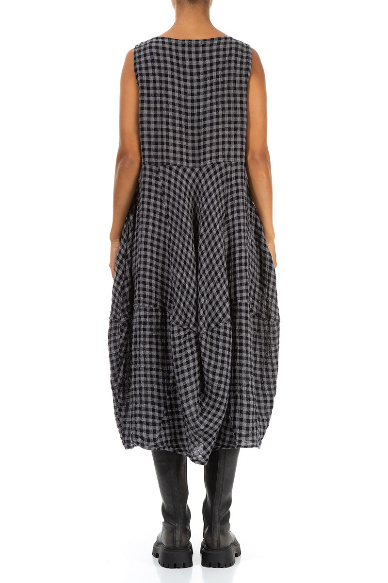 Sleeveless Balloon Grey Check Linen Dress