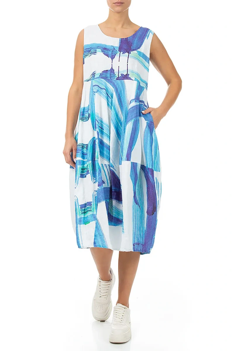Ärmelloses Ballonkleid aus Leinen mit Marine-Pinselstrich-Muster