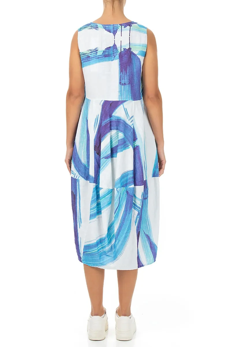 Sleeveless Balloon Marine Brushstroke Linen Dress 2