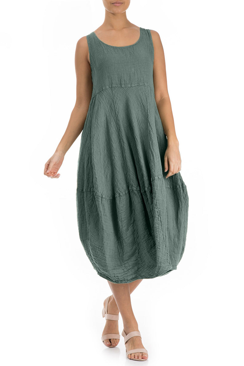 Robe sans manches en lin et crêpe sauge à effet ballon