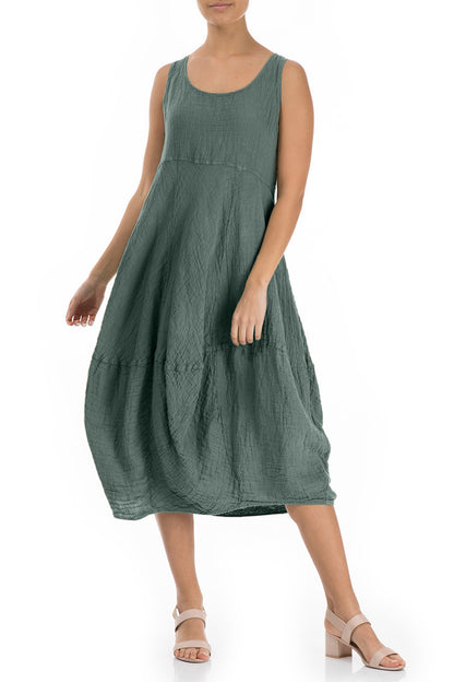 Robe sans manches en lin et crêpe sauge à effet ballon