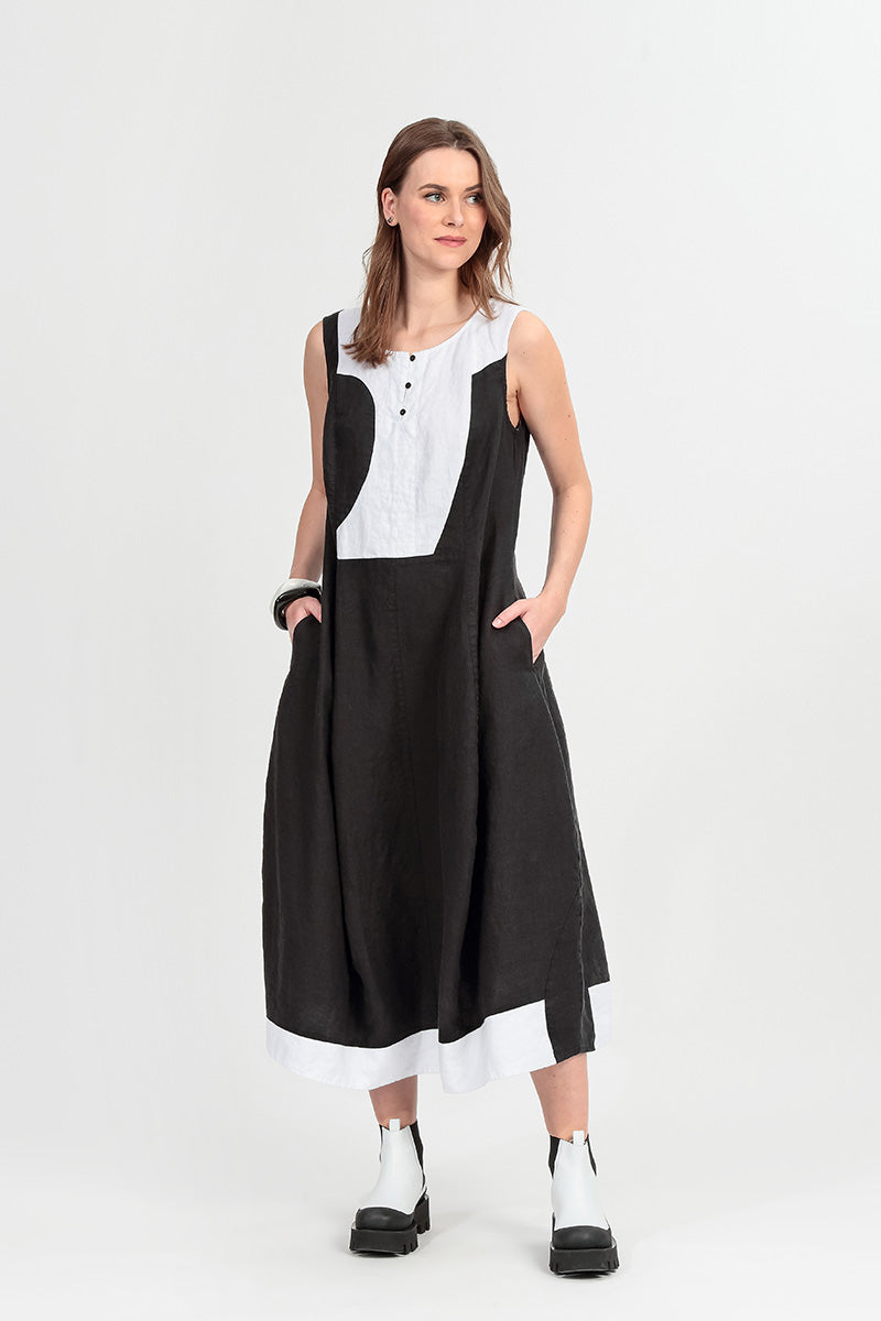 Sleeveless Balloon Two-Tone Linen Dress