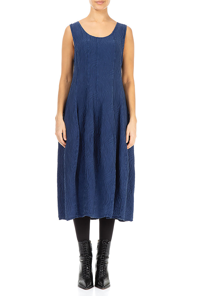 Sleeveless Balloon Waves Navy Silk Dress