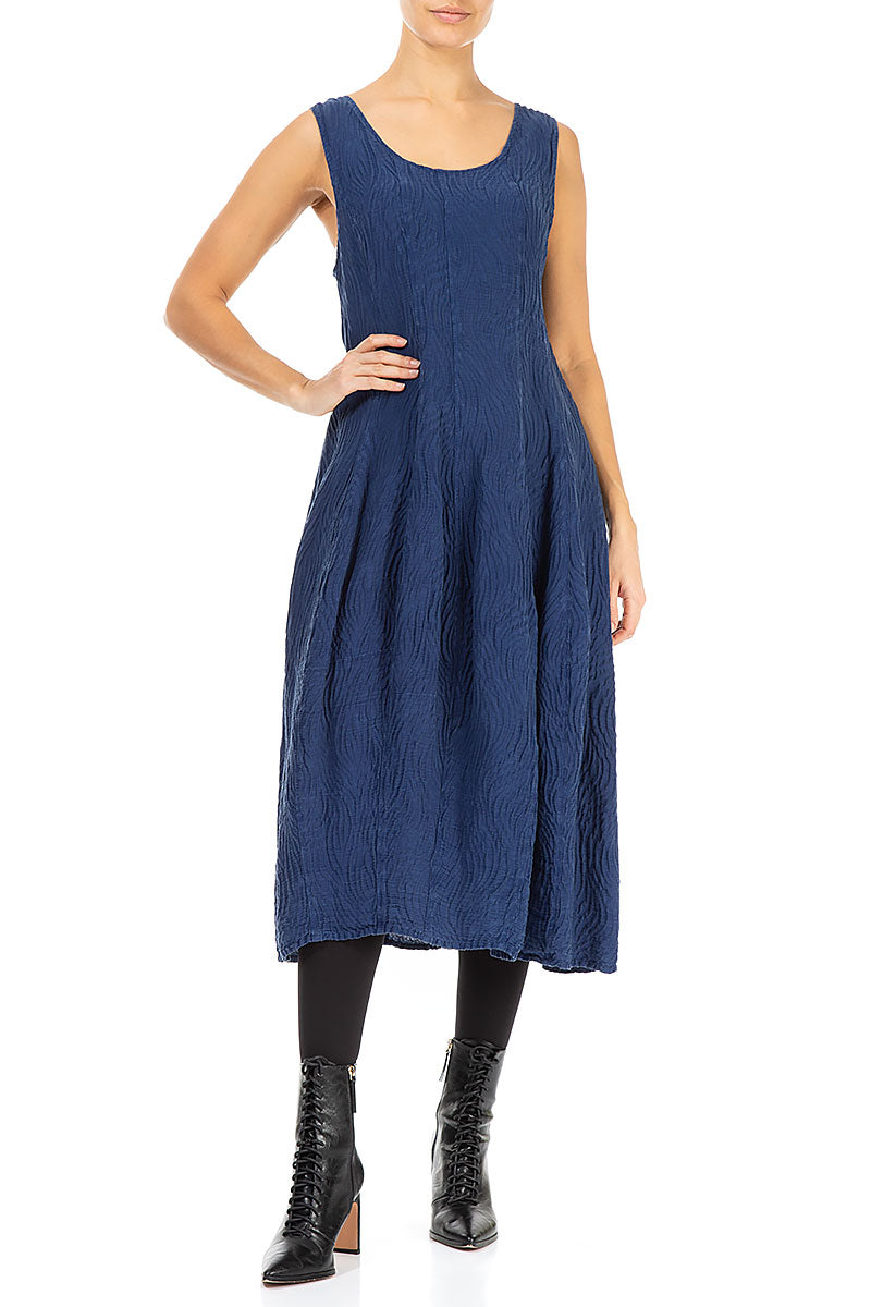 Sleeveless Balloon Waves Navy Silk Dress