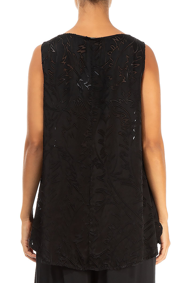 Sleeveless Black Devoré Feather Silk Top