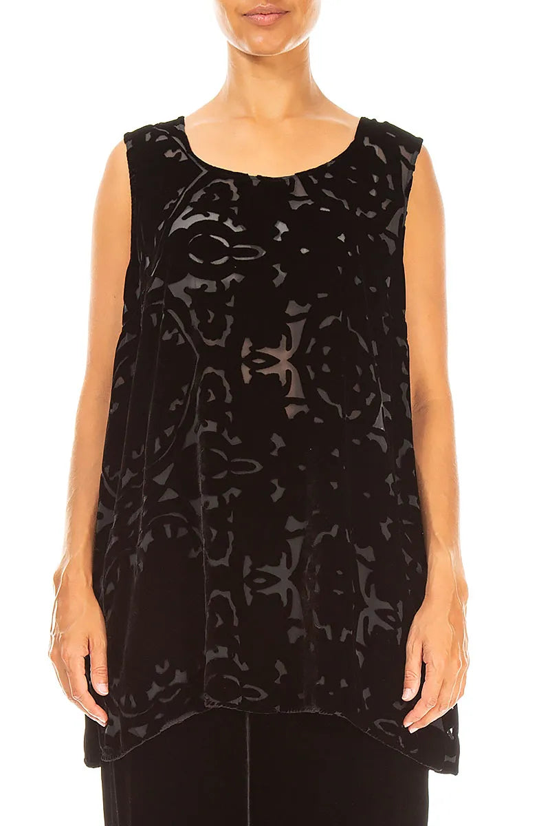 Sleeveless Black Devoré Ornament Silk Velvet Blouse