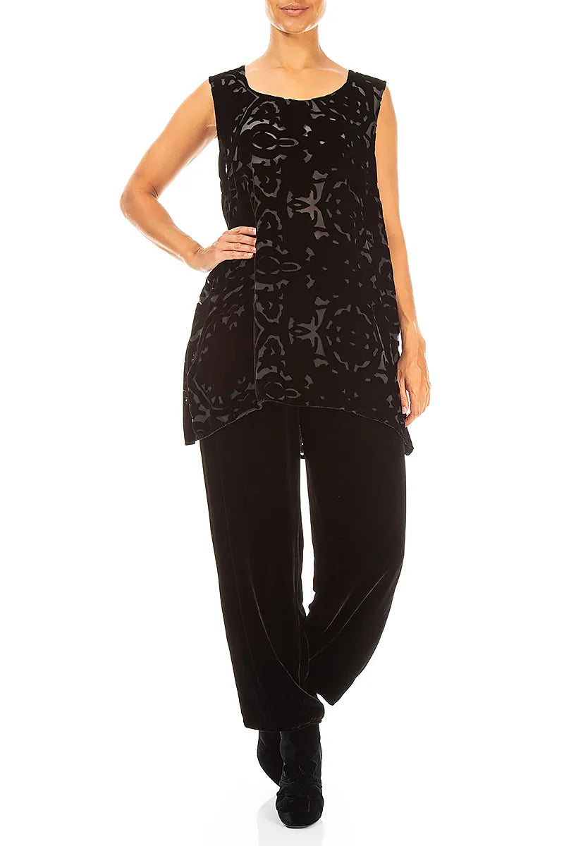 Sleeveless Black Devoré Ornament Silk Velvet Blouse