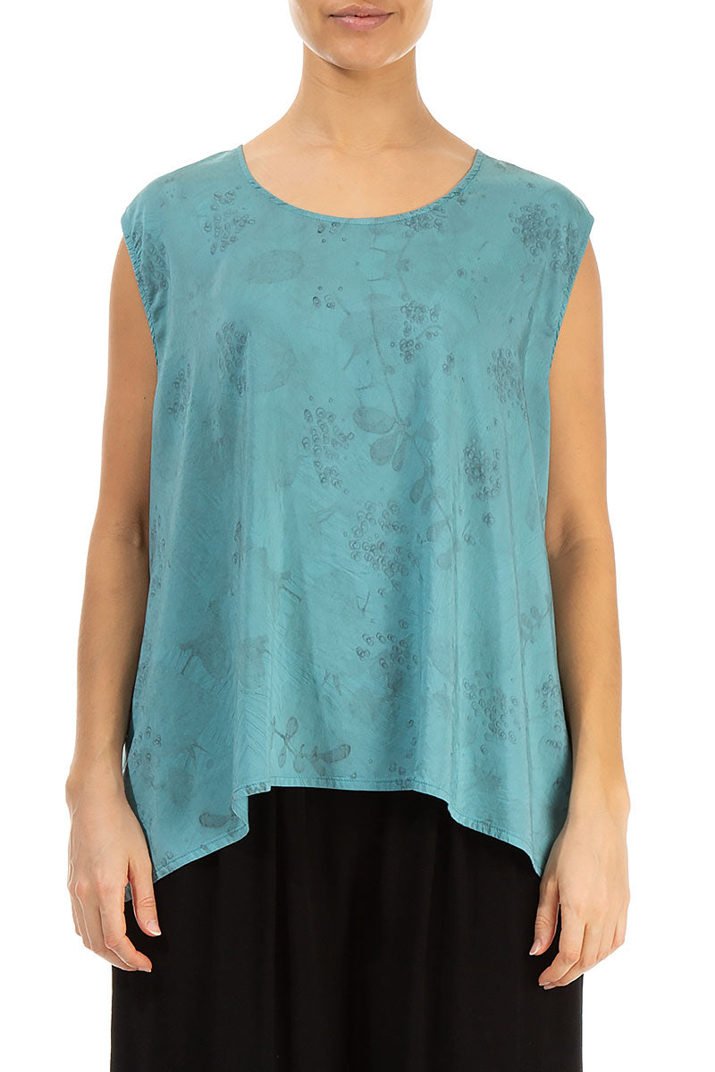 Sleeveless Blossom Turquoise Silk Bamboo Blouse