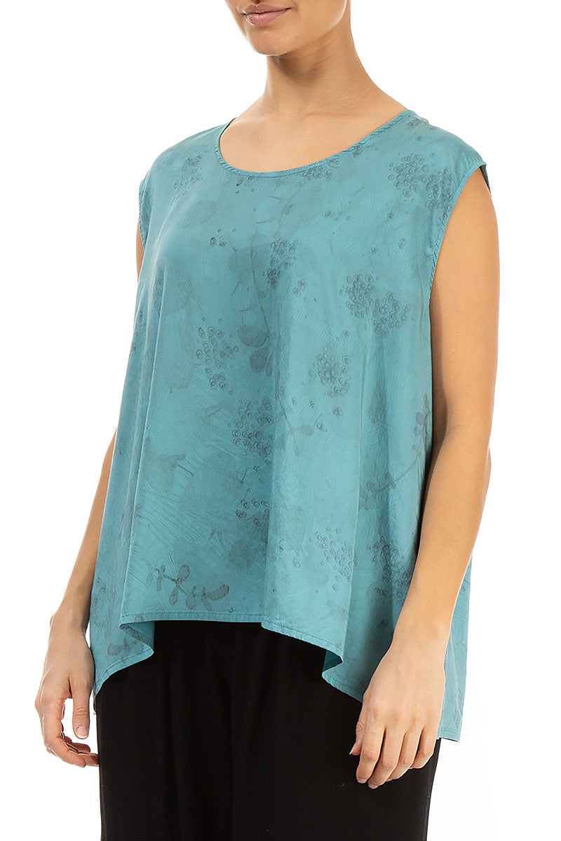 Sleeveless Blossom Turquoise Silk Bamboo Blouse